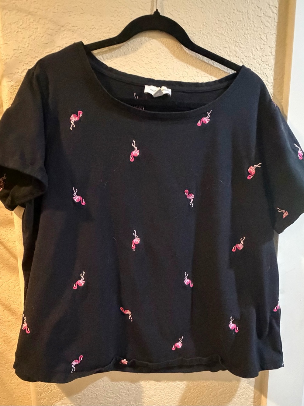 Vintage America Black Short-Sleeve Tee with Pink Flamingo Embroidery